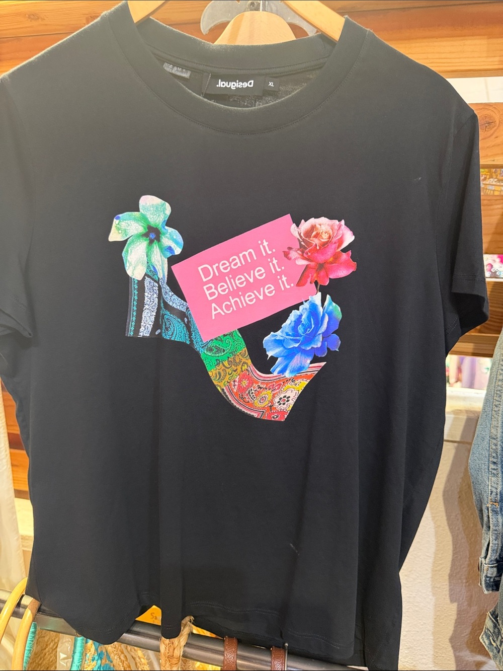 Desigual Black Tee with Colorful High-Heel Floral Graphic